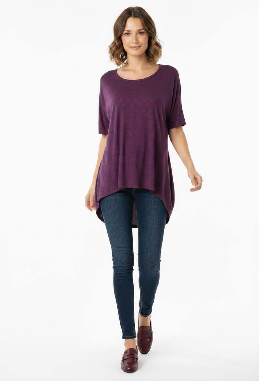 LuLaRoe Irma Tunic Shirt Top Dress Red and Purple Feather Jacquard Print Size XS